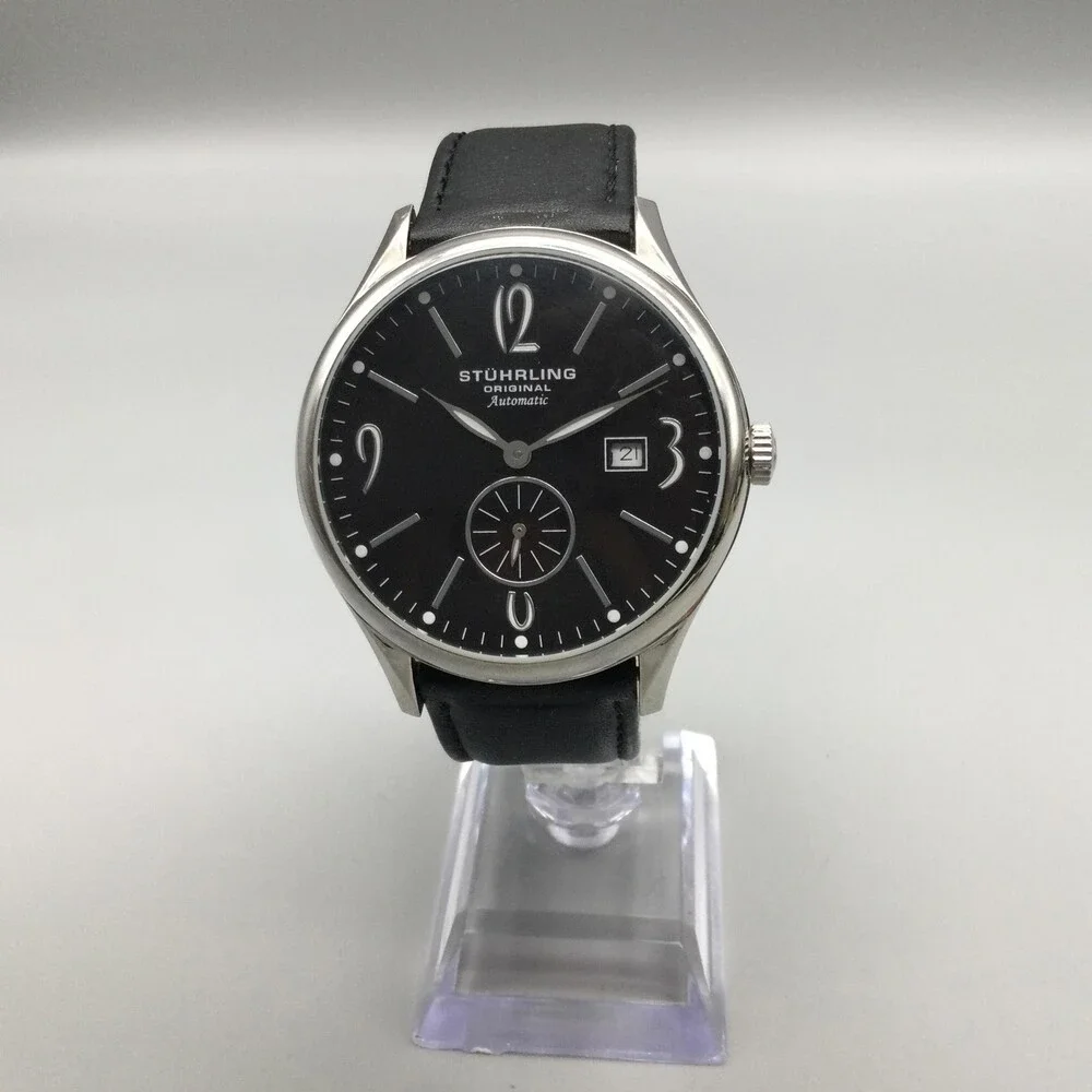 Stuhrling Original Mens Watch 44mm Black Dial Black Leather Automatic Date